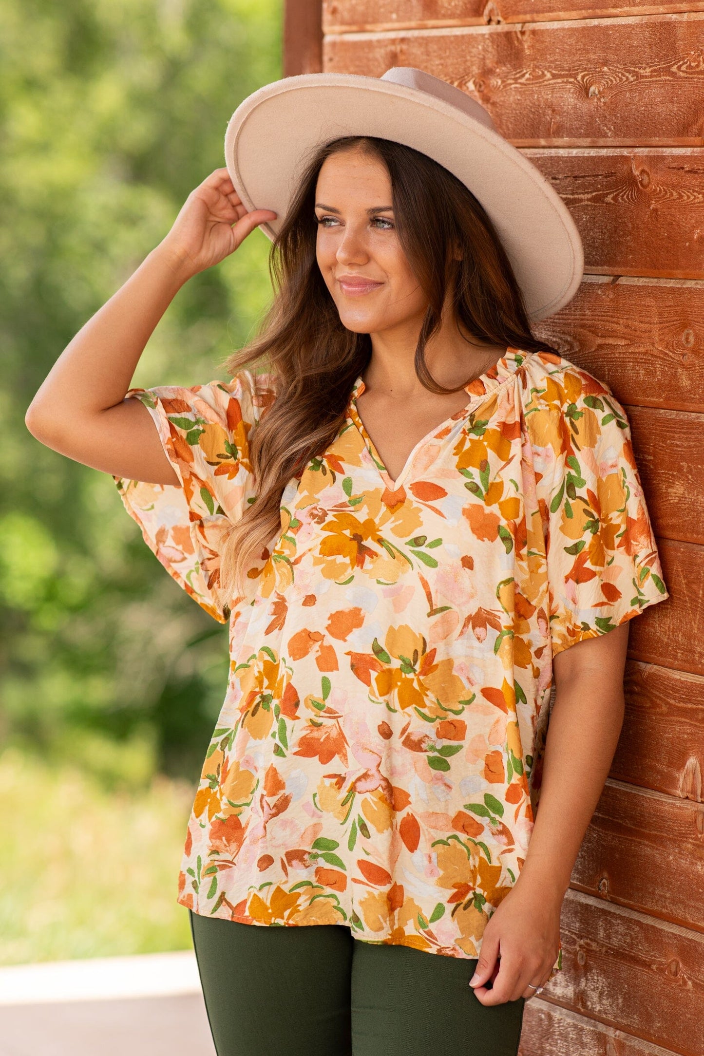 Orange Multicolor Floral Print Notch Neck Top