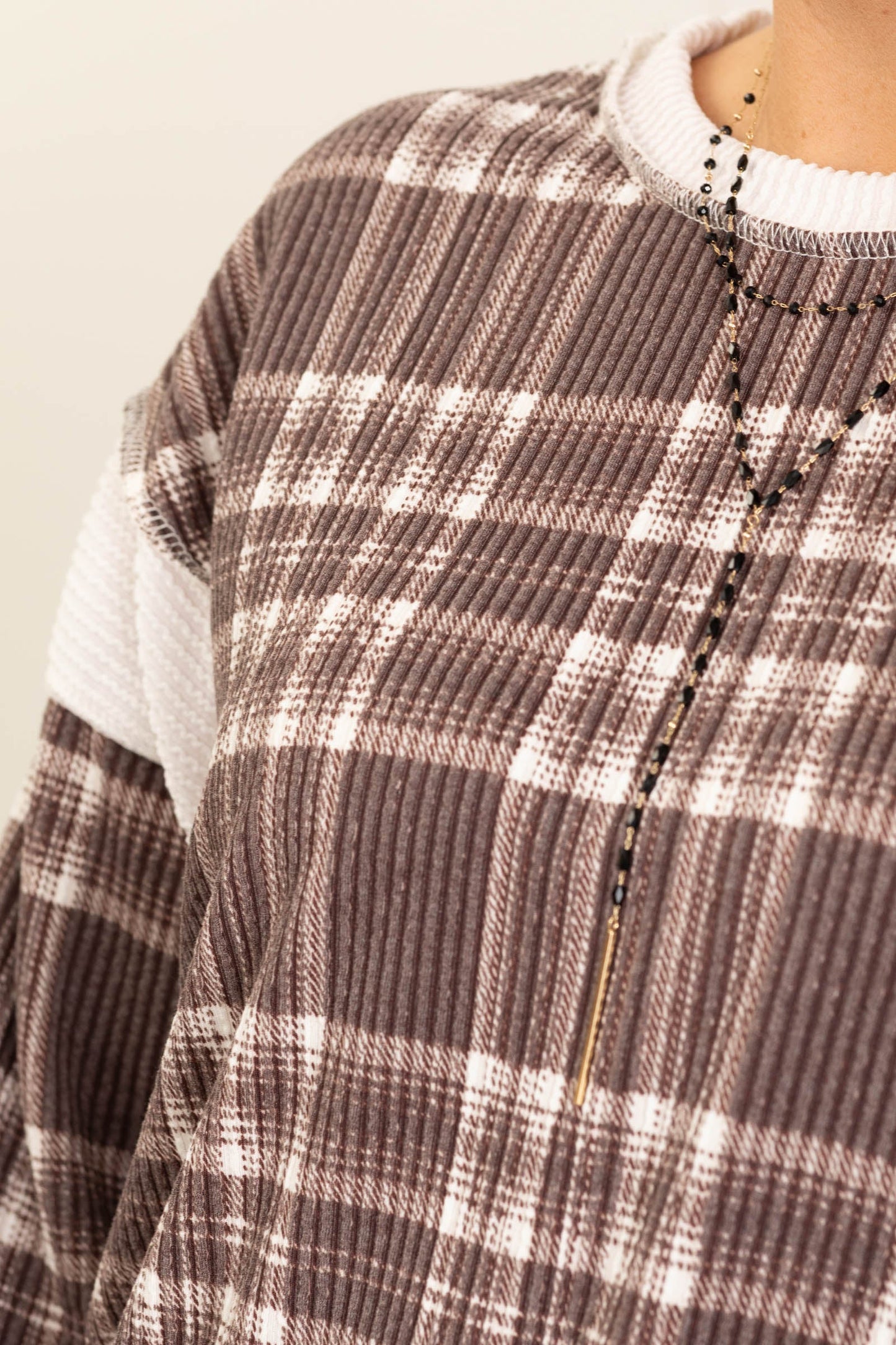 Brown Plaid Ribbed Knit Long Sleeve Top