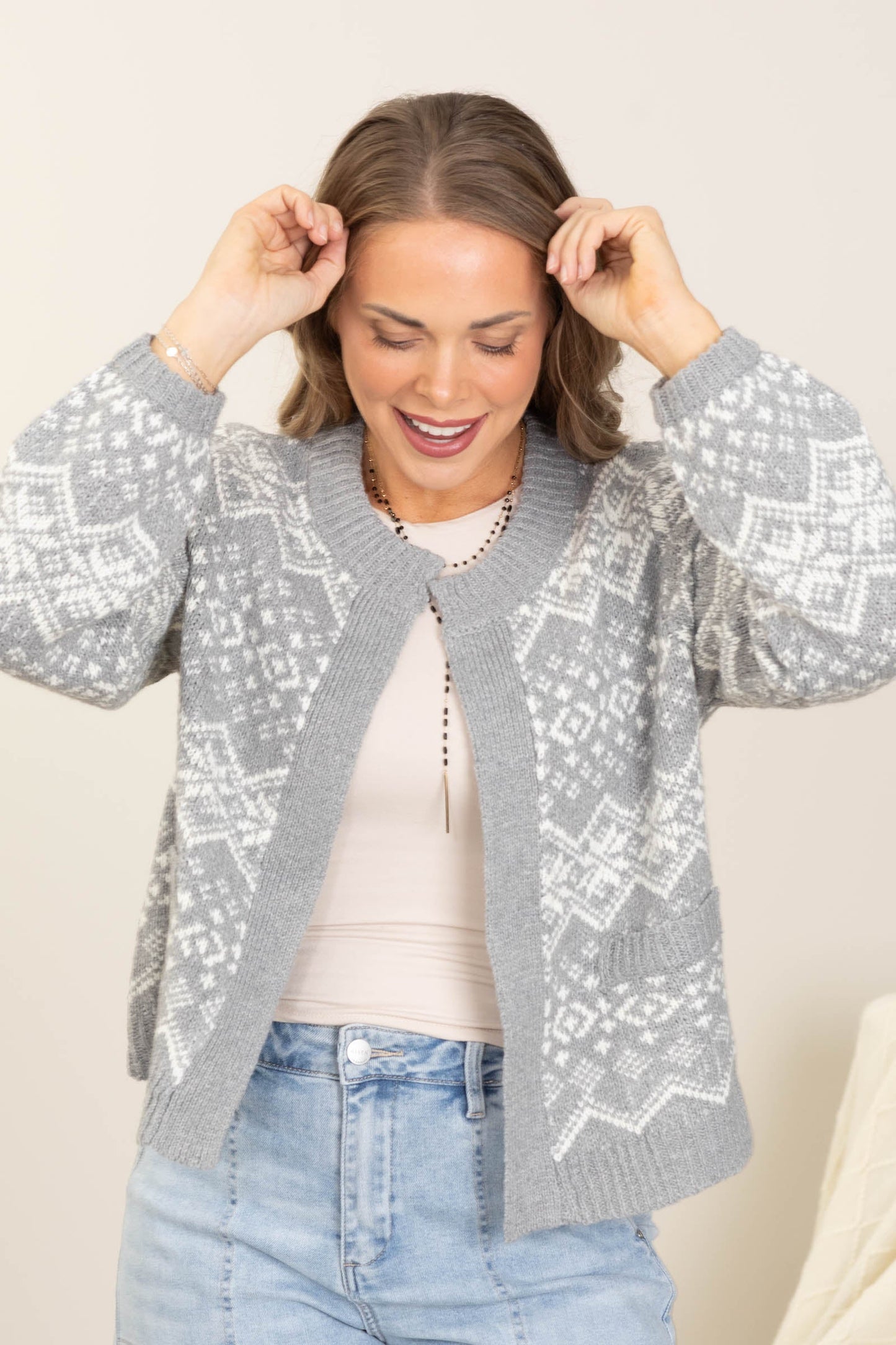 Grey Faire Isle Open Cardigan With Cuff