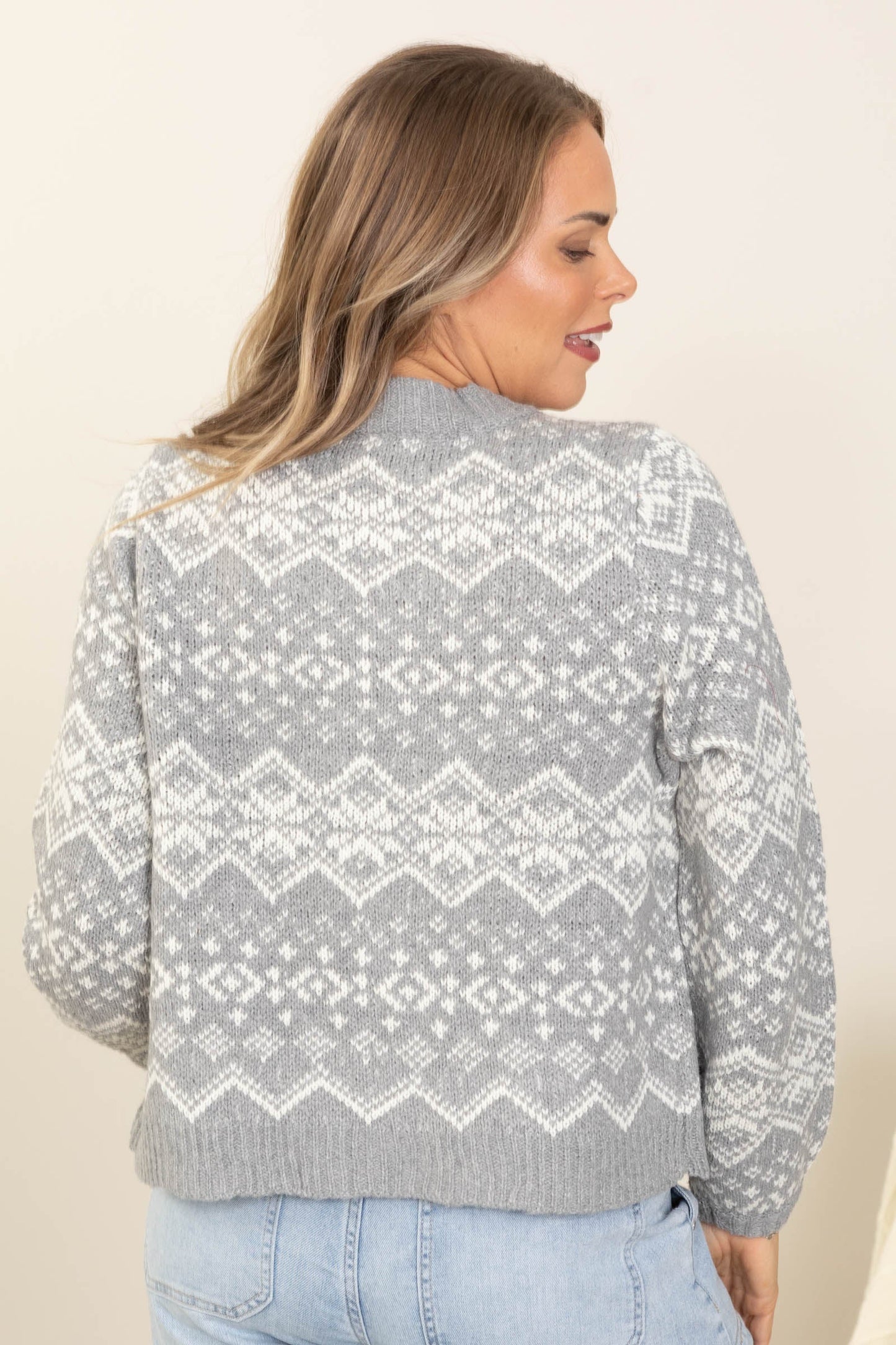 Grey Faire Isle Open Cardigan With Cuff