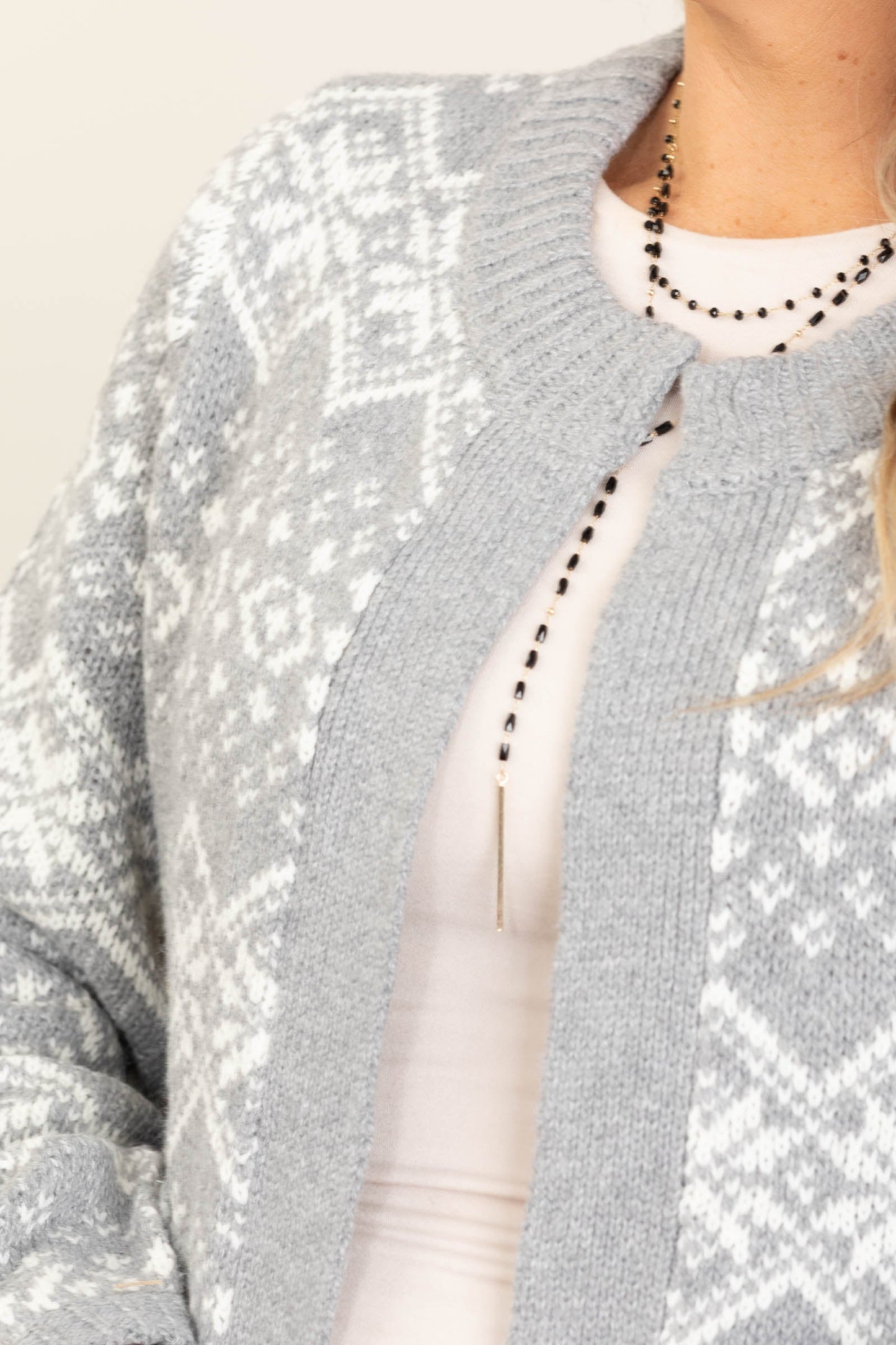 Grey Faire Isle Open Cardigan With Cuff