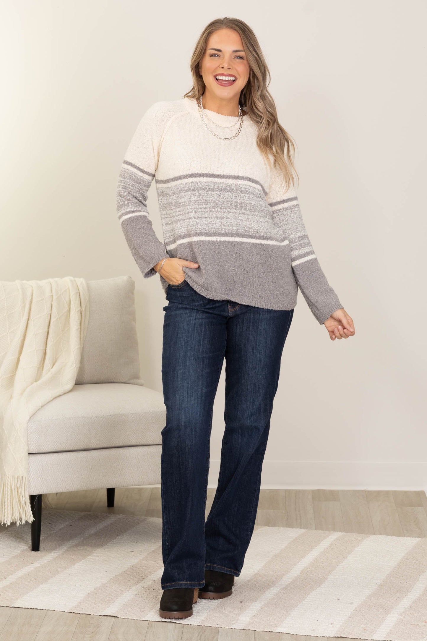 Grey Soft Sweater With Stripe Gradient