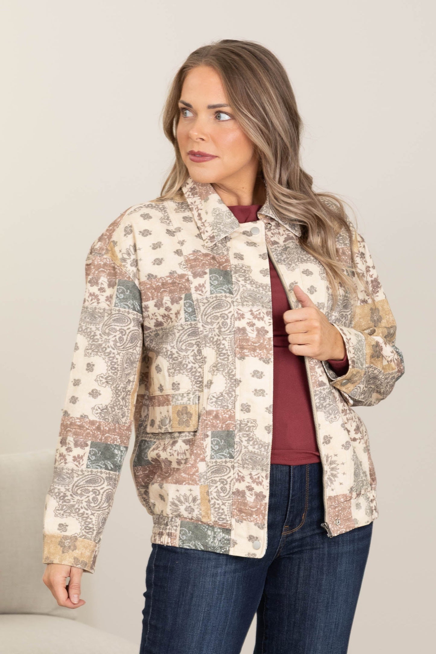 Patchwork Printed Floral Zip Up Bomber Jacket