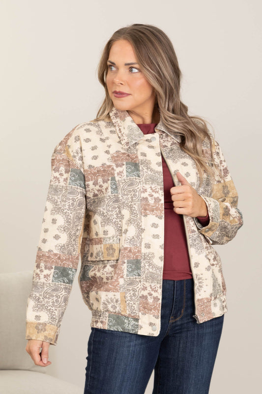 Patchwork Printed Floral Zip Up Bomber Jacket