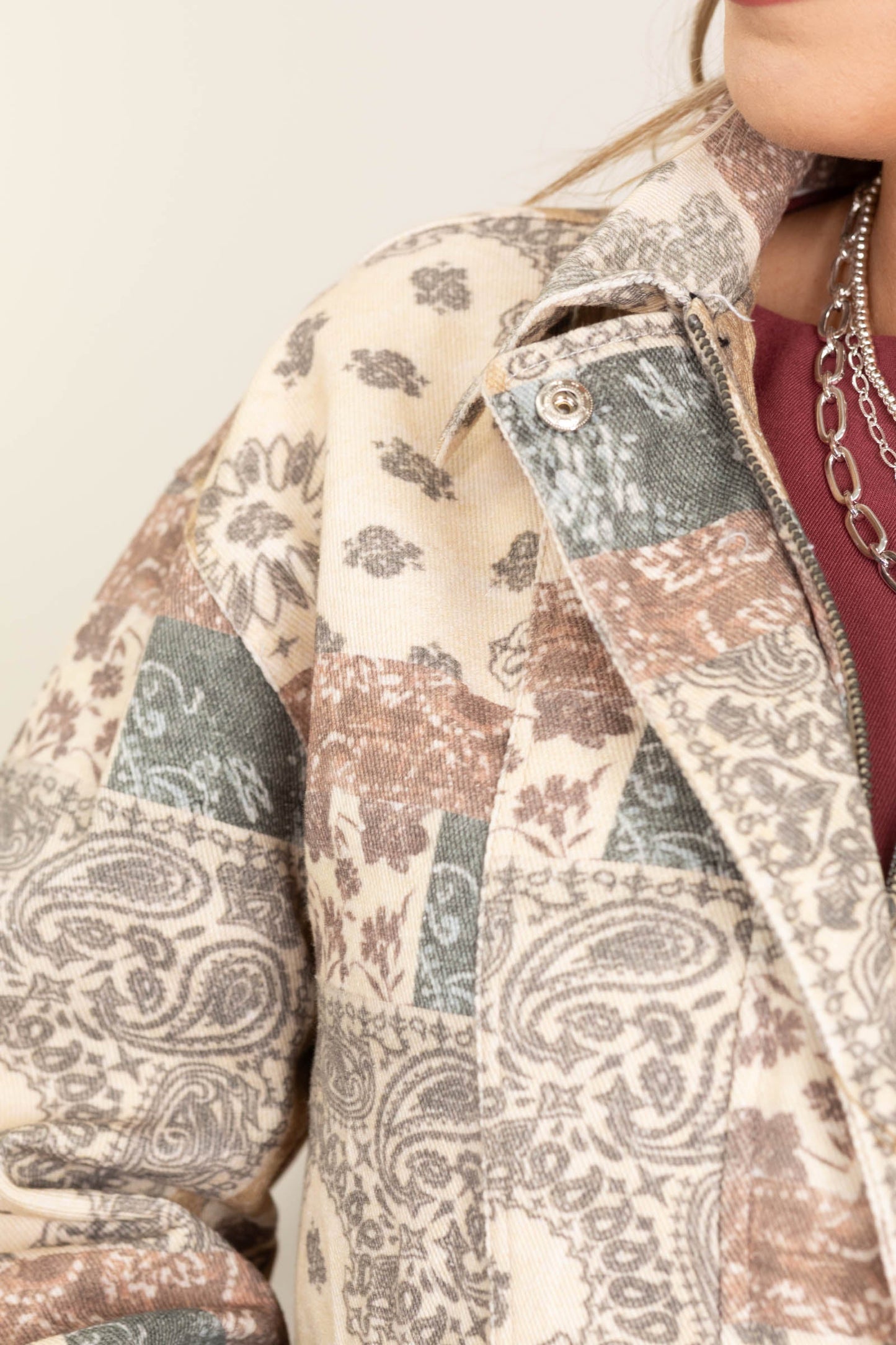 Patchwork Printed Floral Zip Up Bomber Jacket