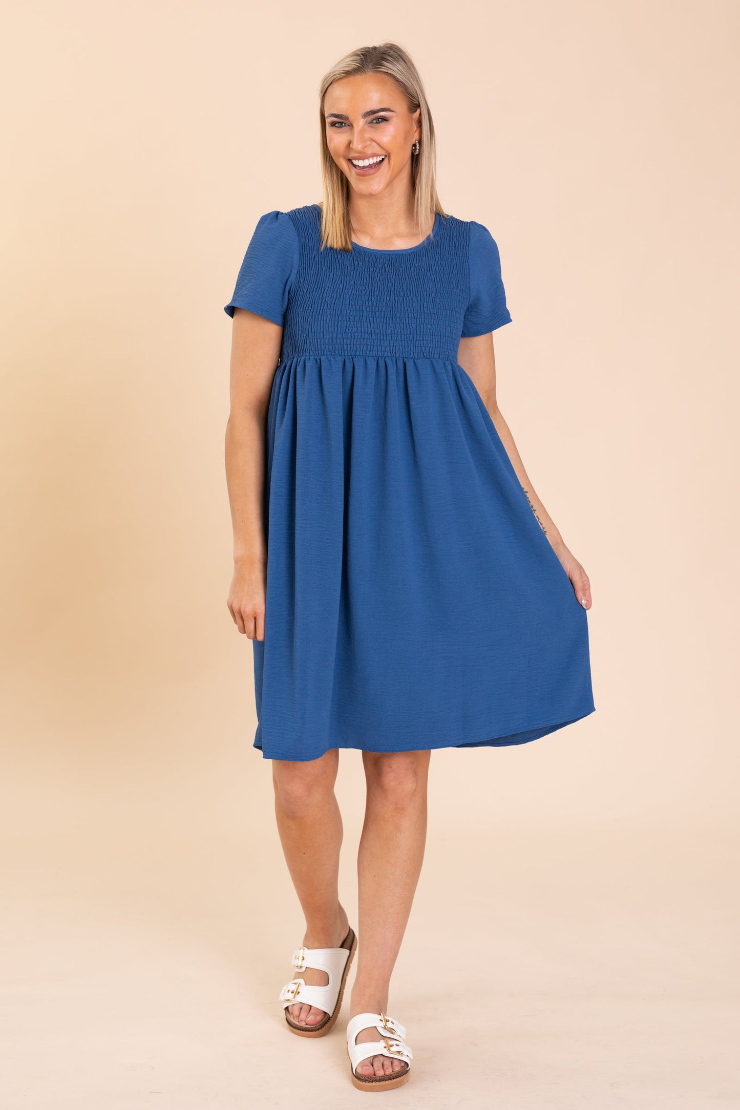 Flowy Skirt Smocked Bodice Midi Woven Dress