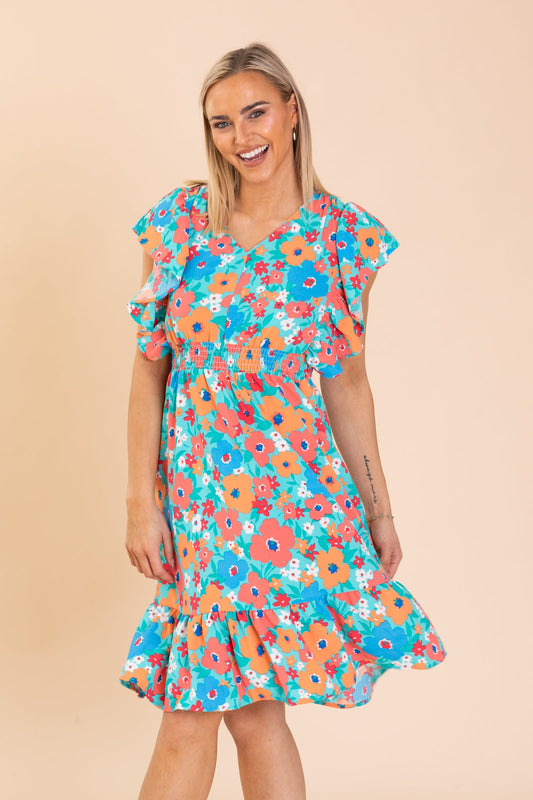 Seafoam Smocking Waist Ruffle Sleeve Dress