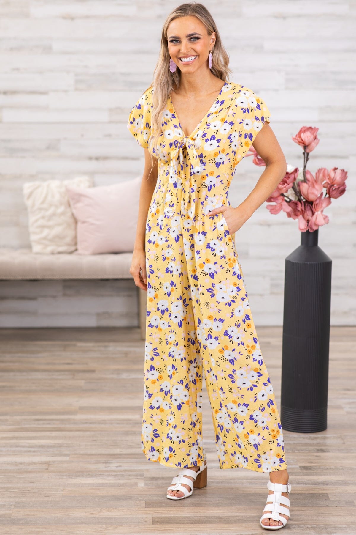 Yellow Floral Flutter Sleeve Jumpsuit