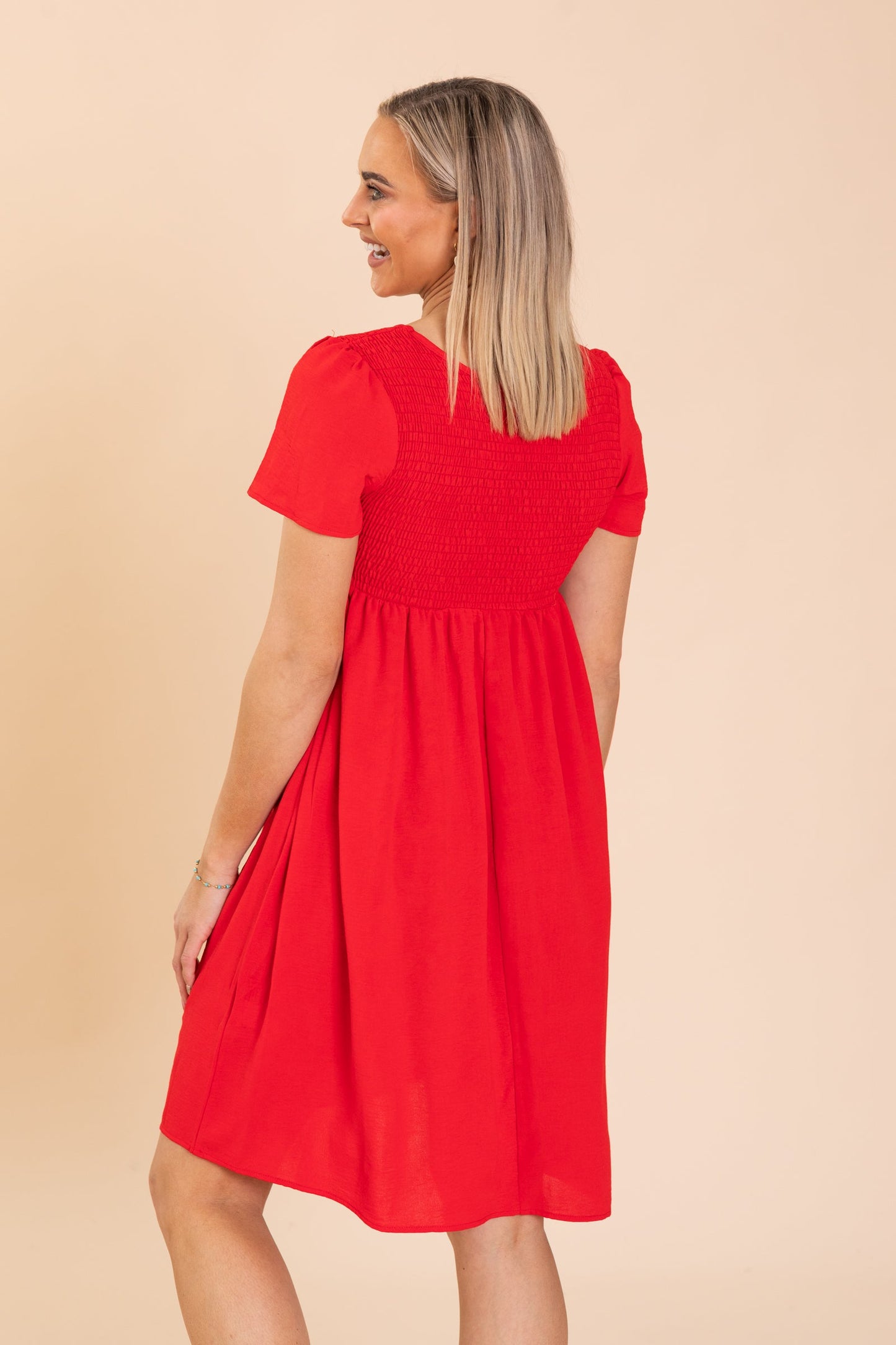 Flowy Skirt Smocked Bodice Midi Woven Dress