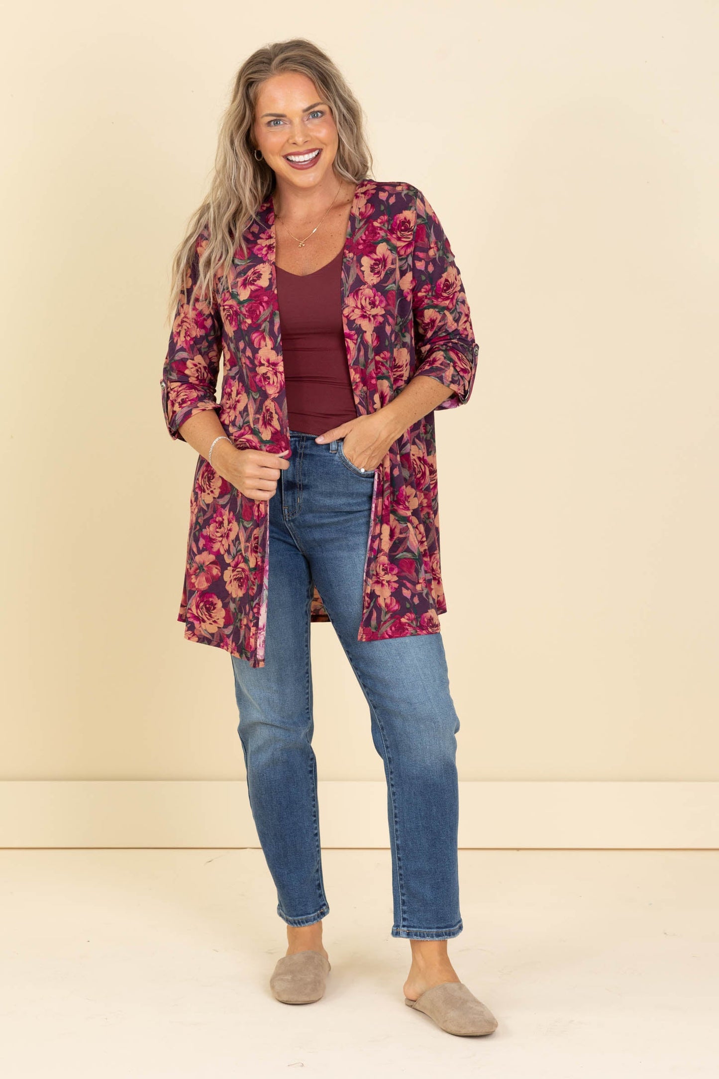 Big Floral Open Front Wrinkle Free Cardigan
