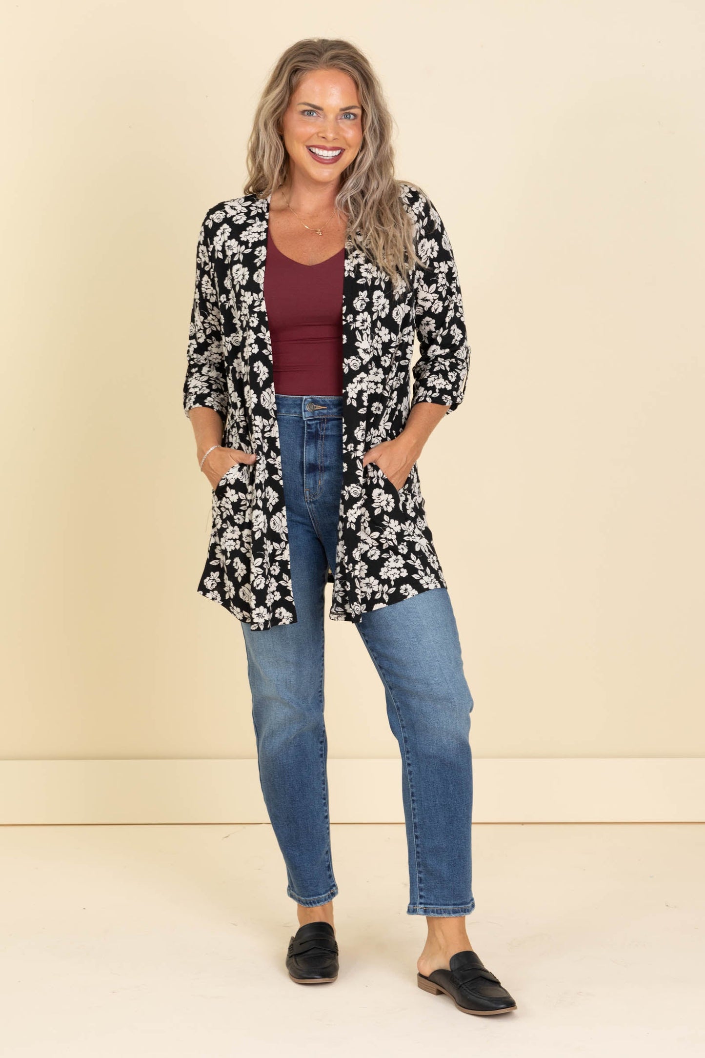 Black Floral Open Front Wrinkle Free Cardigan