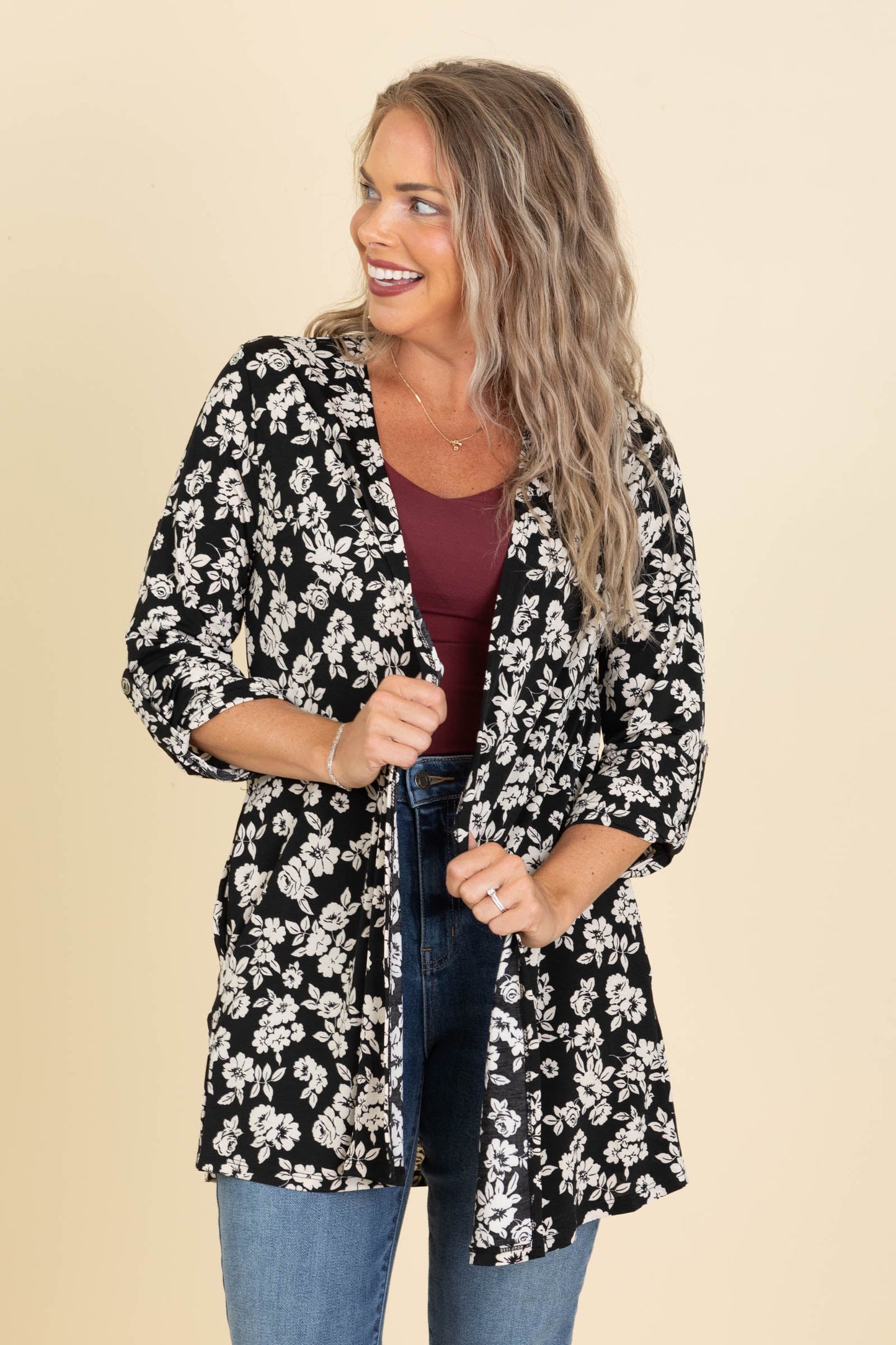 Black Floral Open Front Wrinkle Free Cardigan