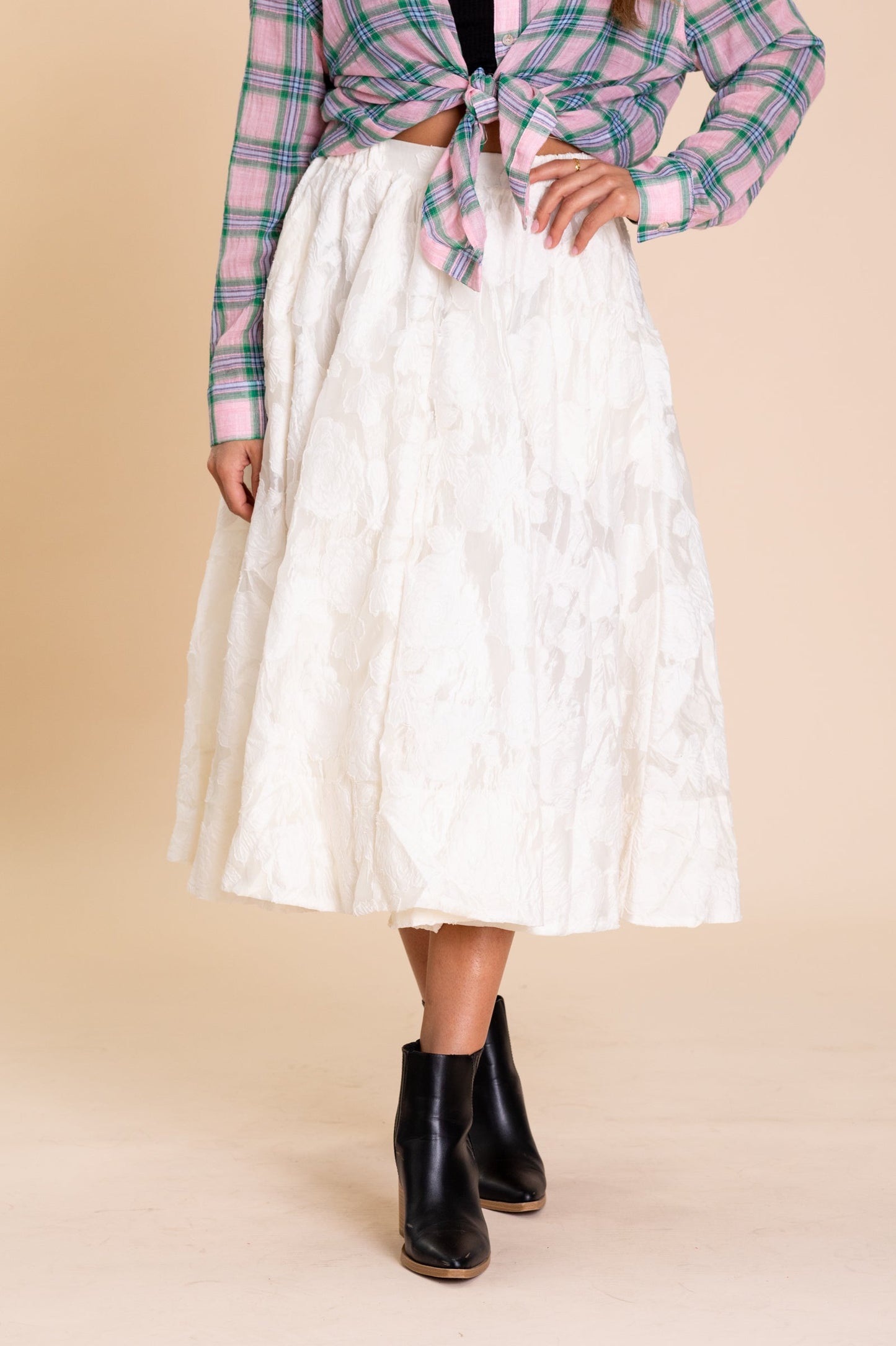 Cream Floral Print Elastic Waist Maxi Skirt