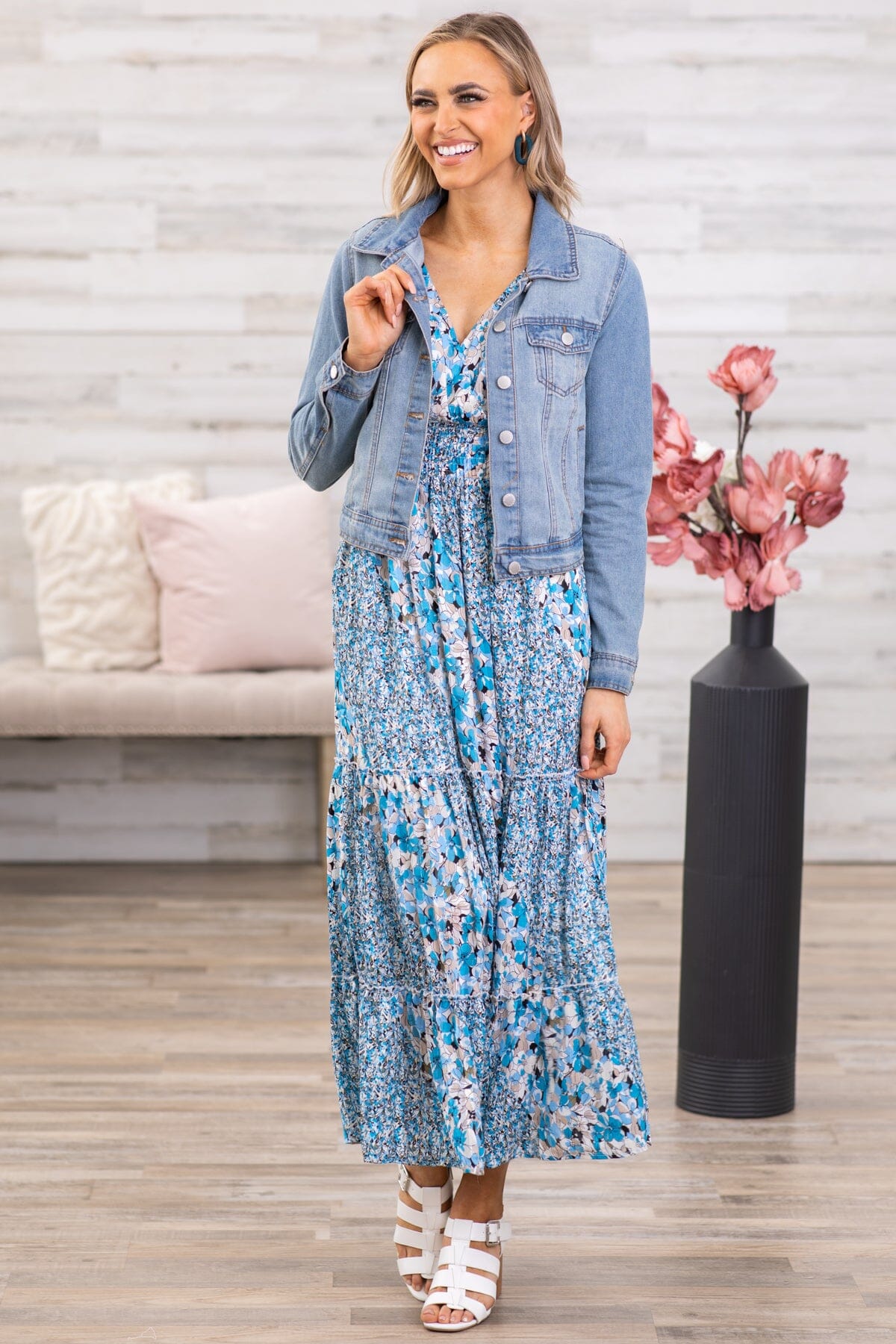 Sky Blue Multicolor Floral Print Maxi Dress