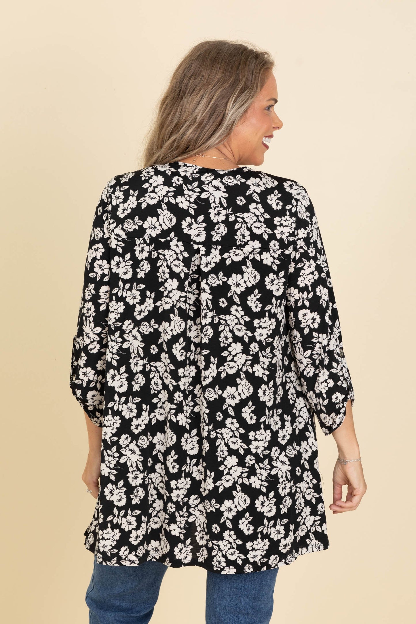 Black Floral Open Front Wrinkle Free Cardigan