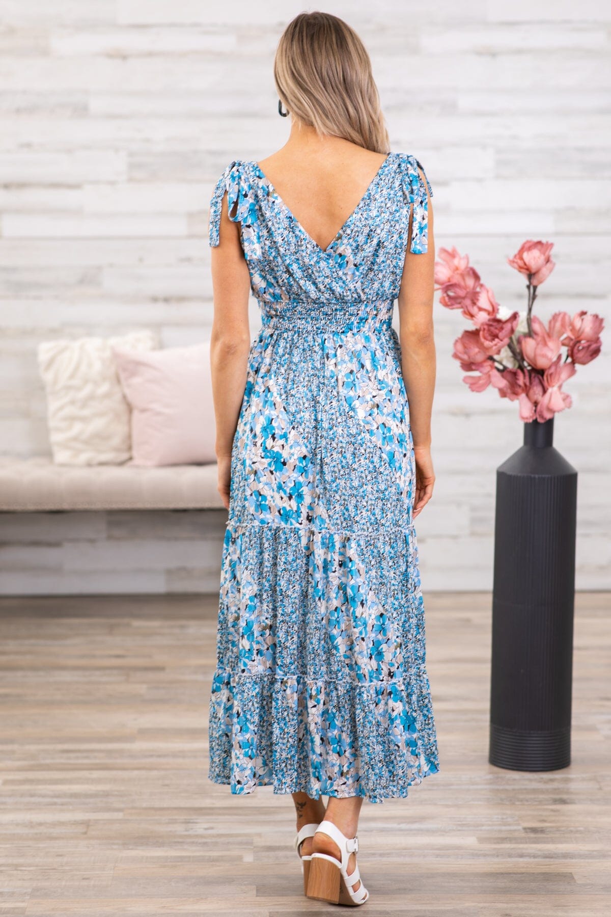 Sky Blue Multicolor Floral Print Maxi Dress