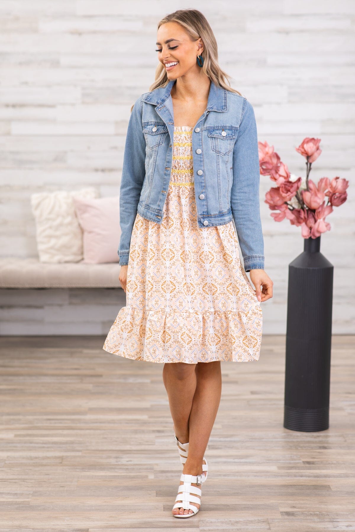 Peach Geometric Print Smocked Bodice Dress