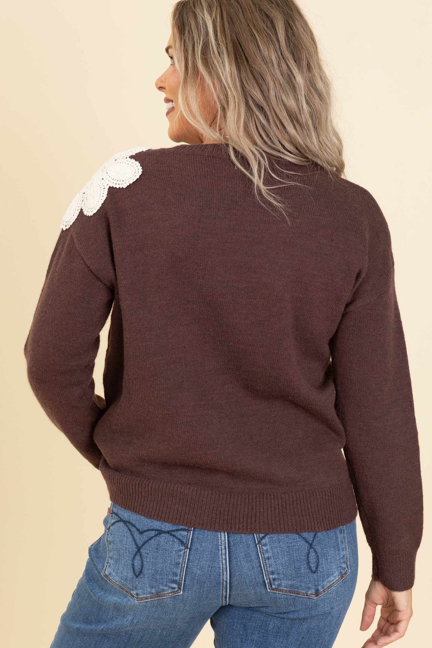 Brown With Crochet Florals Sweater