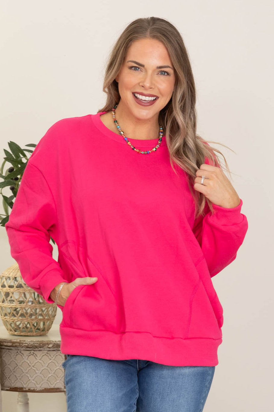 Round Neck Long Sleeve Knit Tops With Pockets