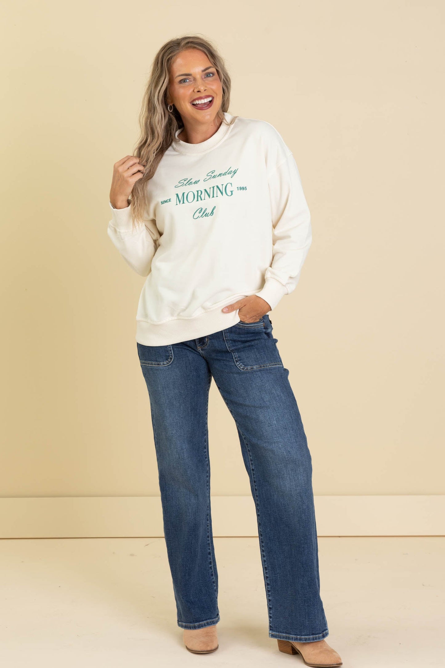 Cream Slow Sunday Morning Graphic Sweatshirt