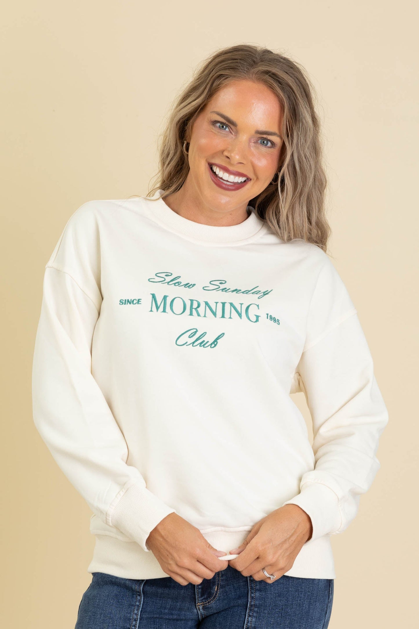 Cream Slow Sunday Morning Graphic Sweatshirt