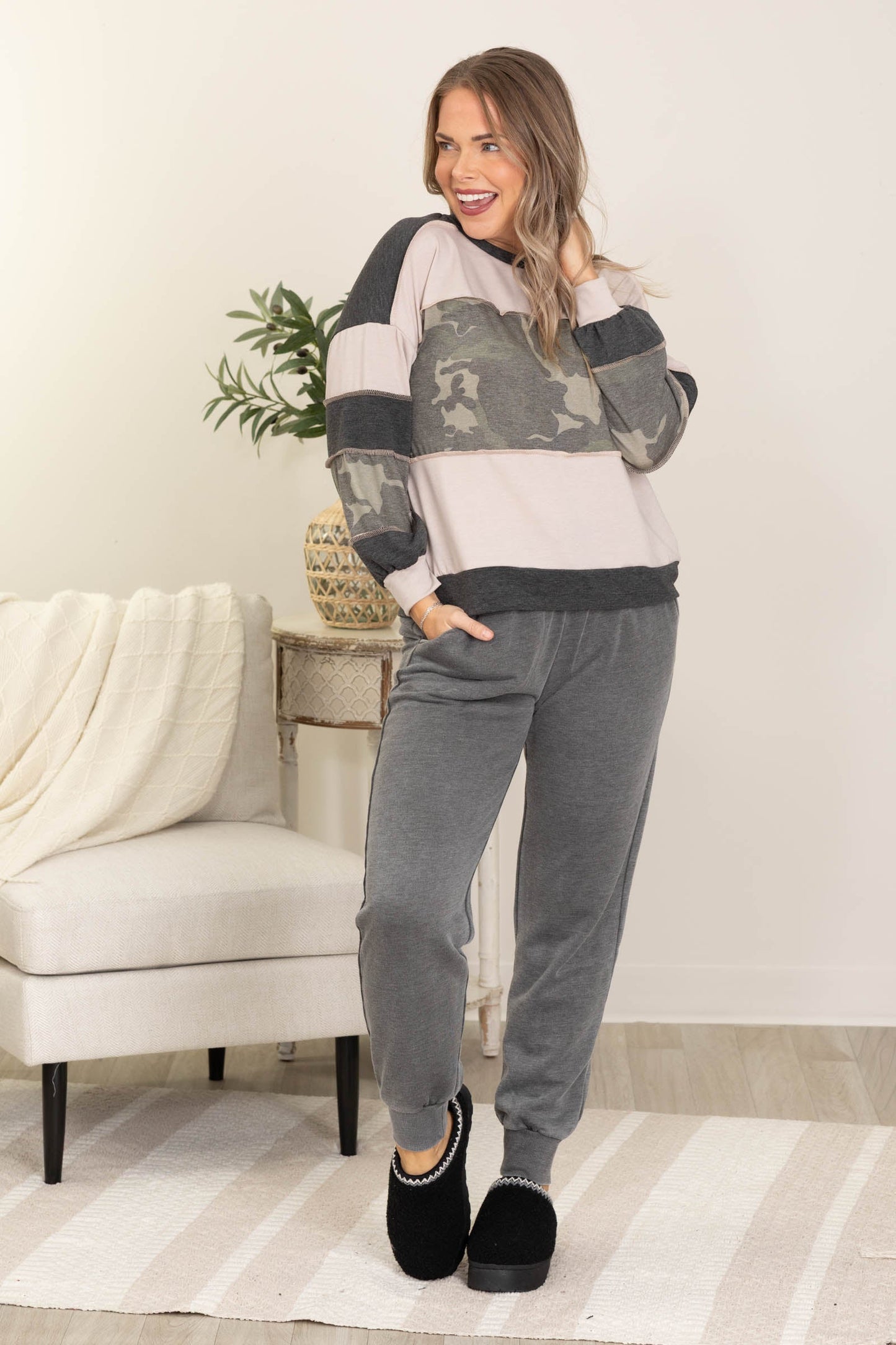 Dusty Beige And Olive Camo Loose Fit Knit Top