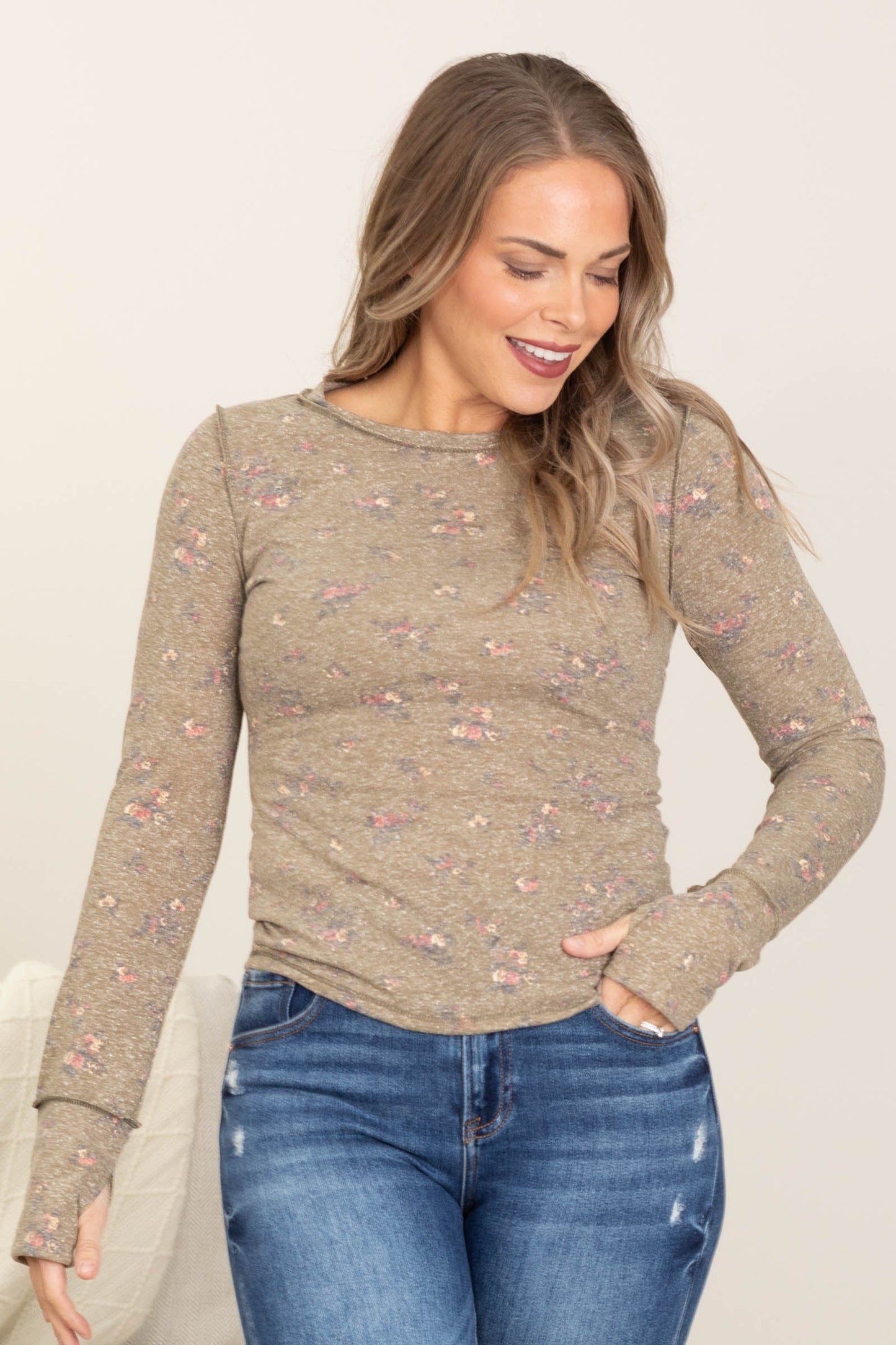 Dusty Olive Floral Knit Thumbhole Long Sleeve