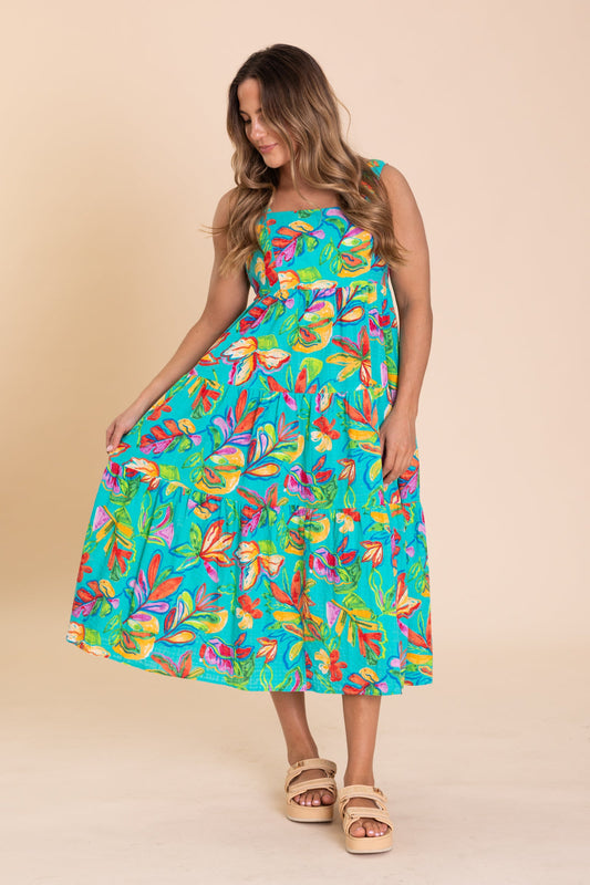 Aqua Green Printed Cotton Tiered Maxi Dress