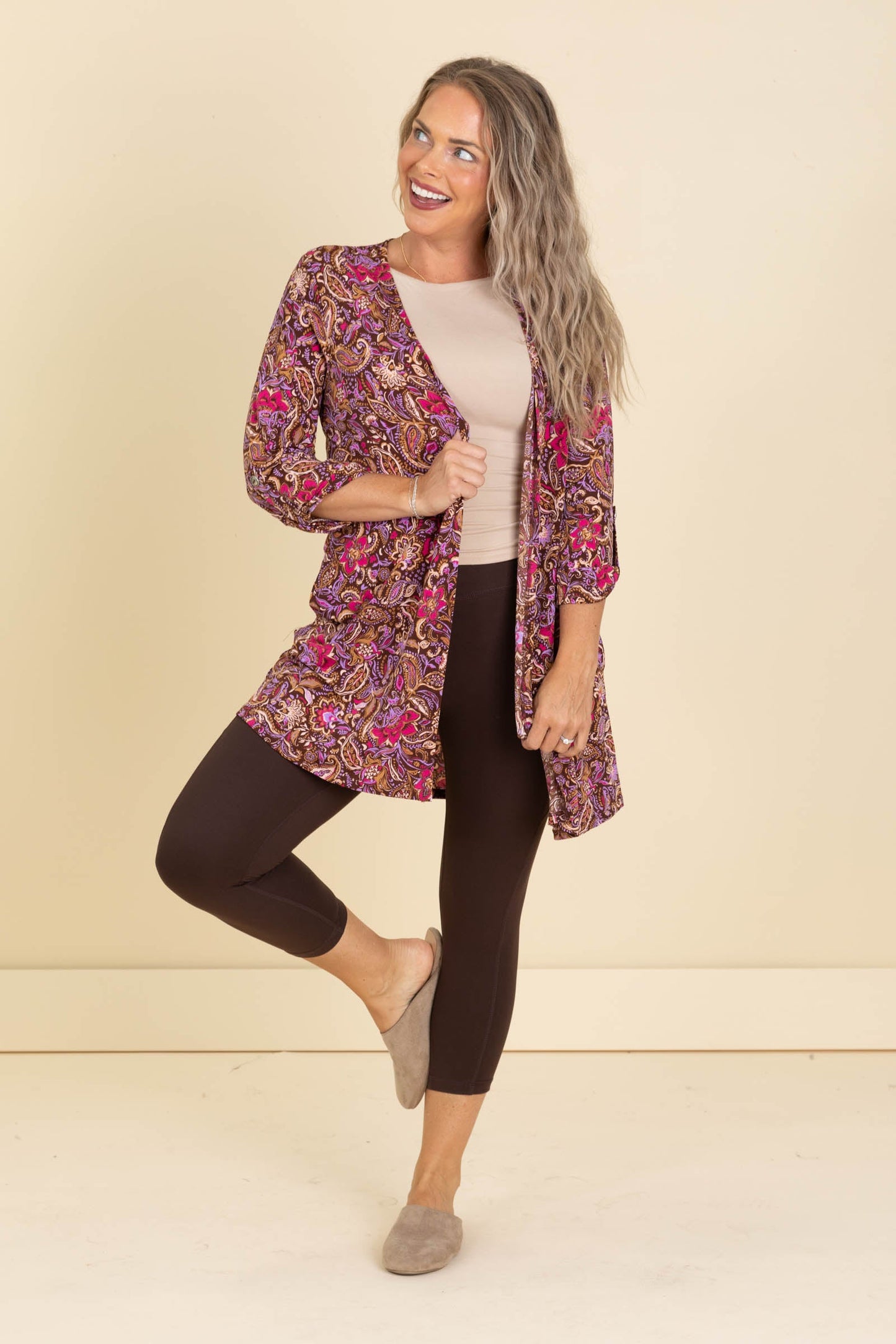 Brown Printed Wrinkle Free Cardigan