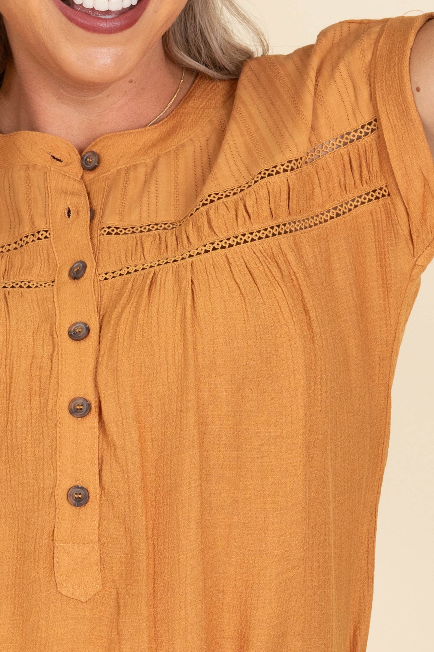 Orange Eyelet Trim Half Button Woven Top