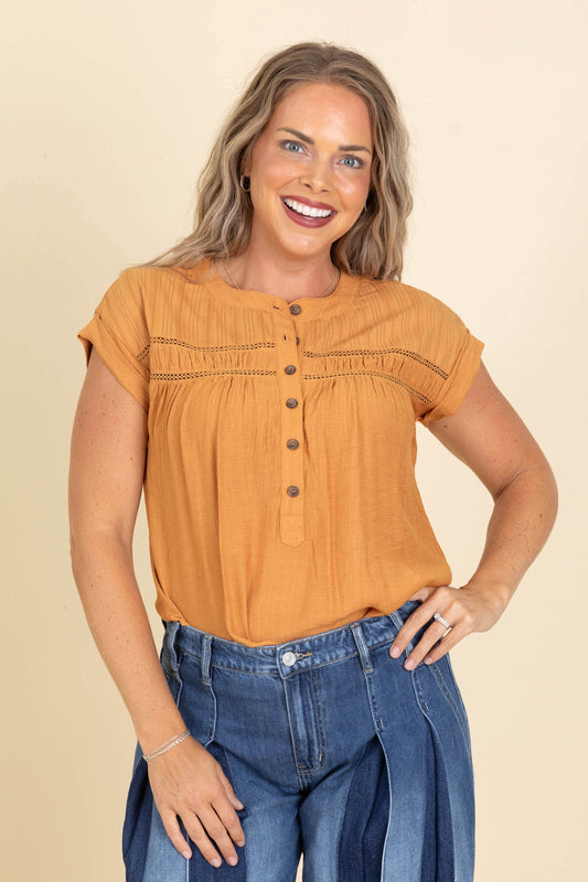 Orange Eyelet Trim Half Button Woven Top