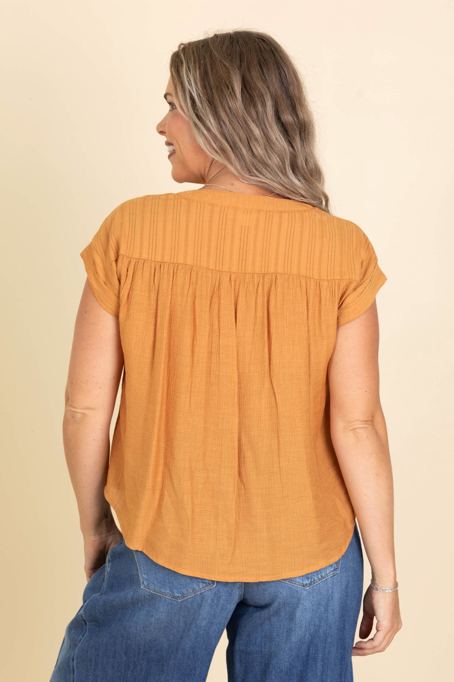 Orange Eyelet Trim Half Button Woven Top