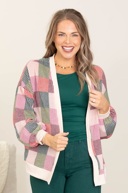 Beige And Mauve Patchwork Open Front Cardigan