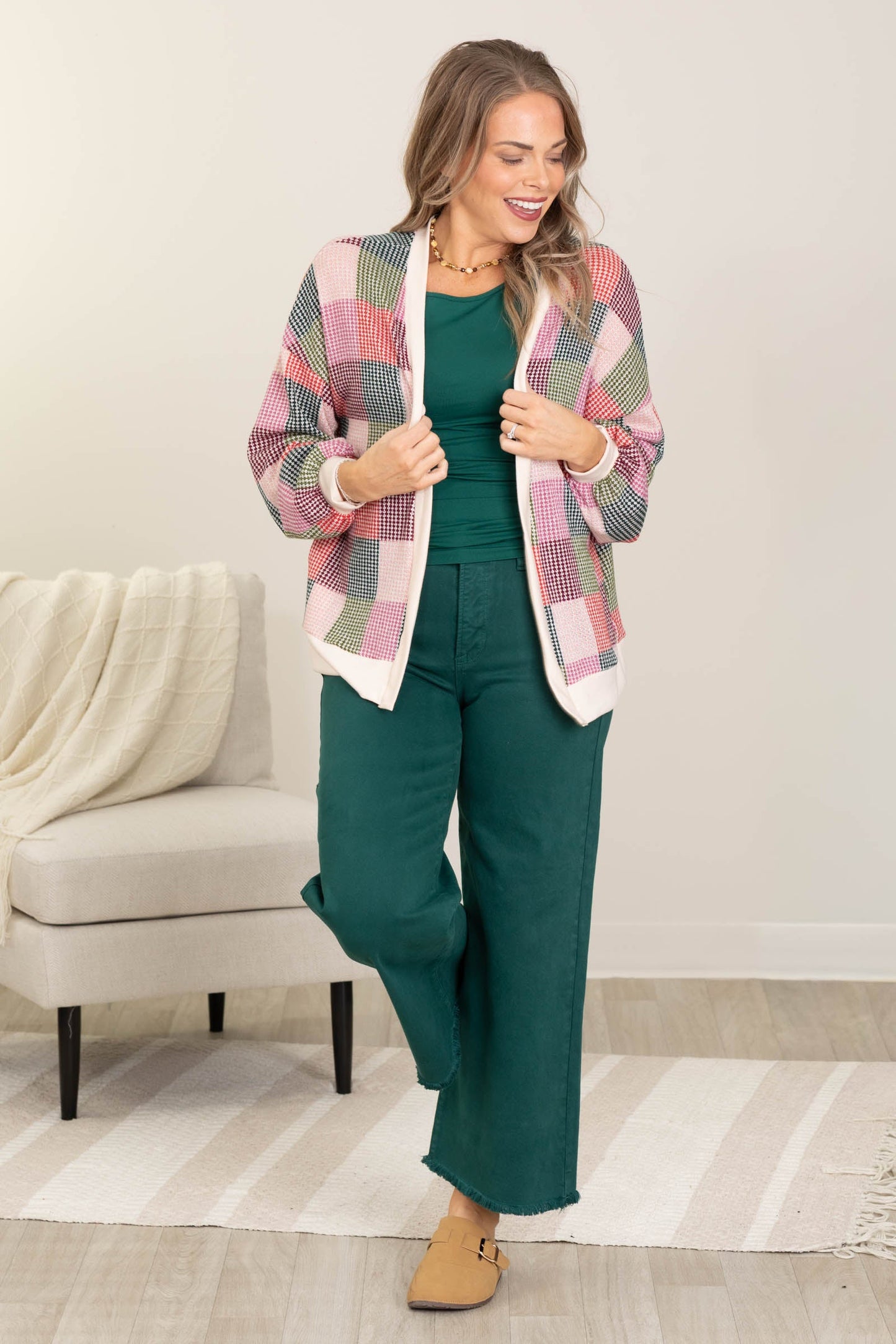 Beige And Mauve Patchwork Open Front Cardigan