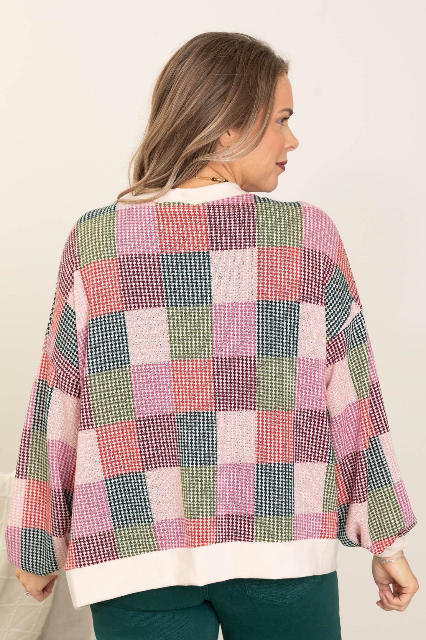 Beige And Mauve Patchwork Open Front Cardigan