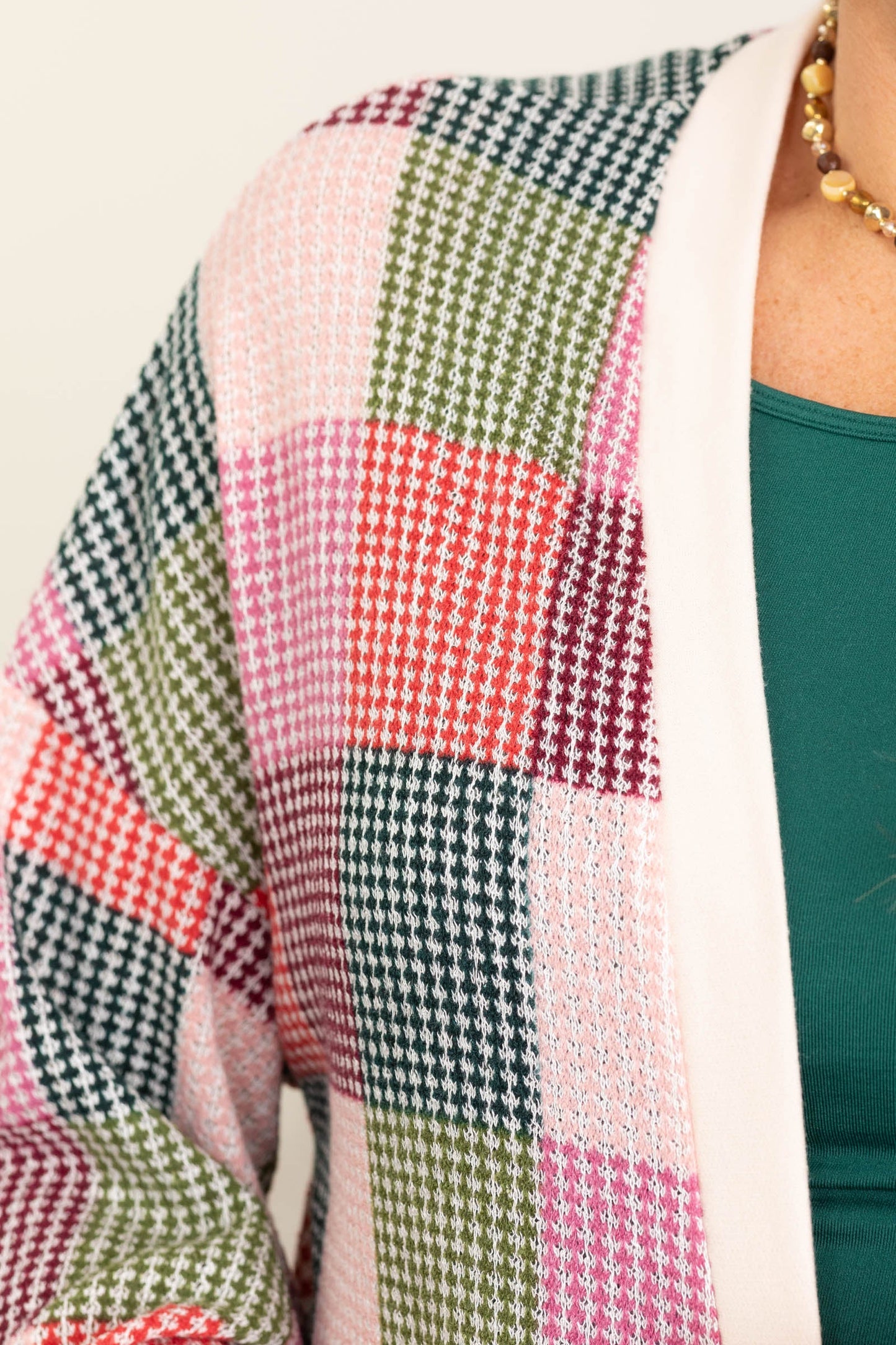 Beige And Mauve Patchwork Open Front Cardigan