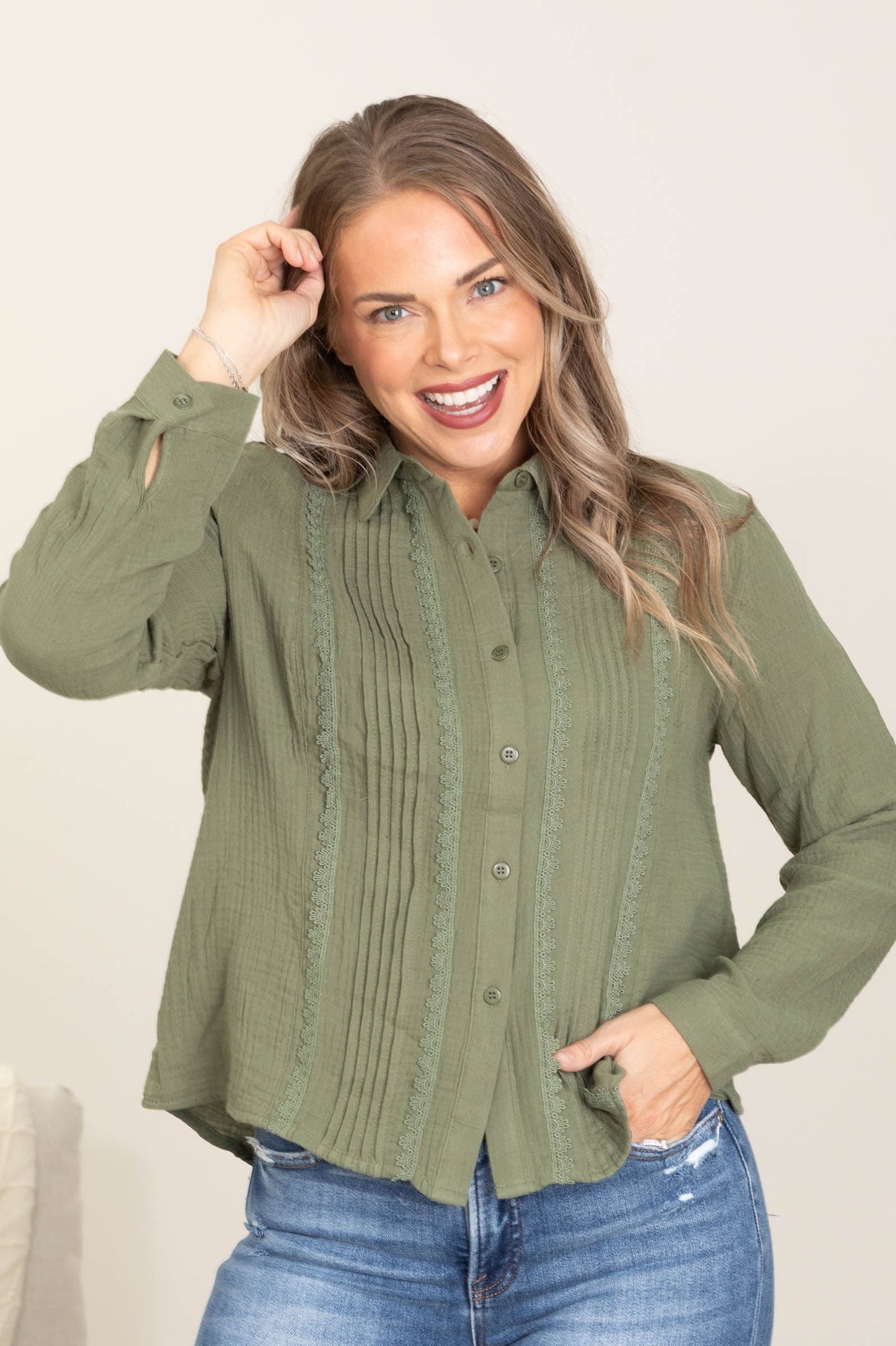 Olive Button Up With Pin Tuck Lace Woven Top