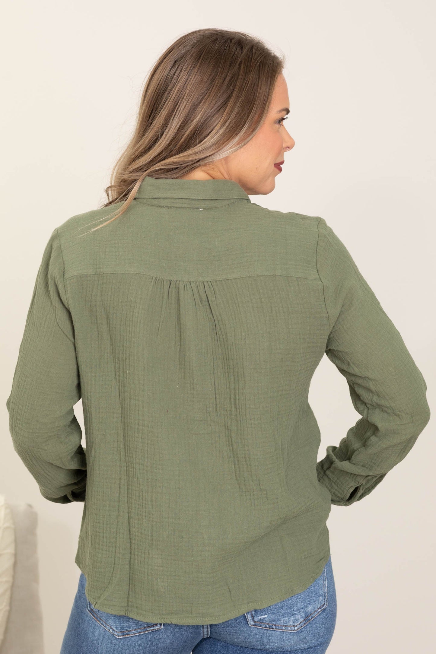 Olive Button Up With Pin Tuck Lace Woven Top