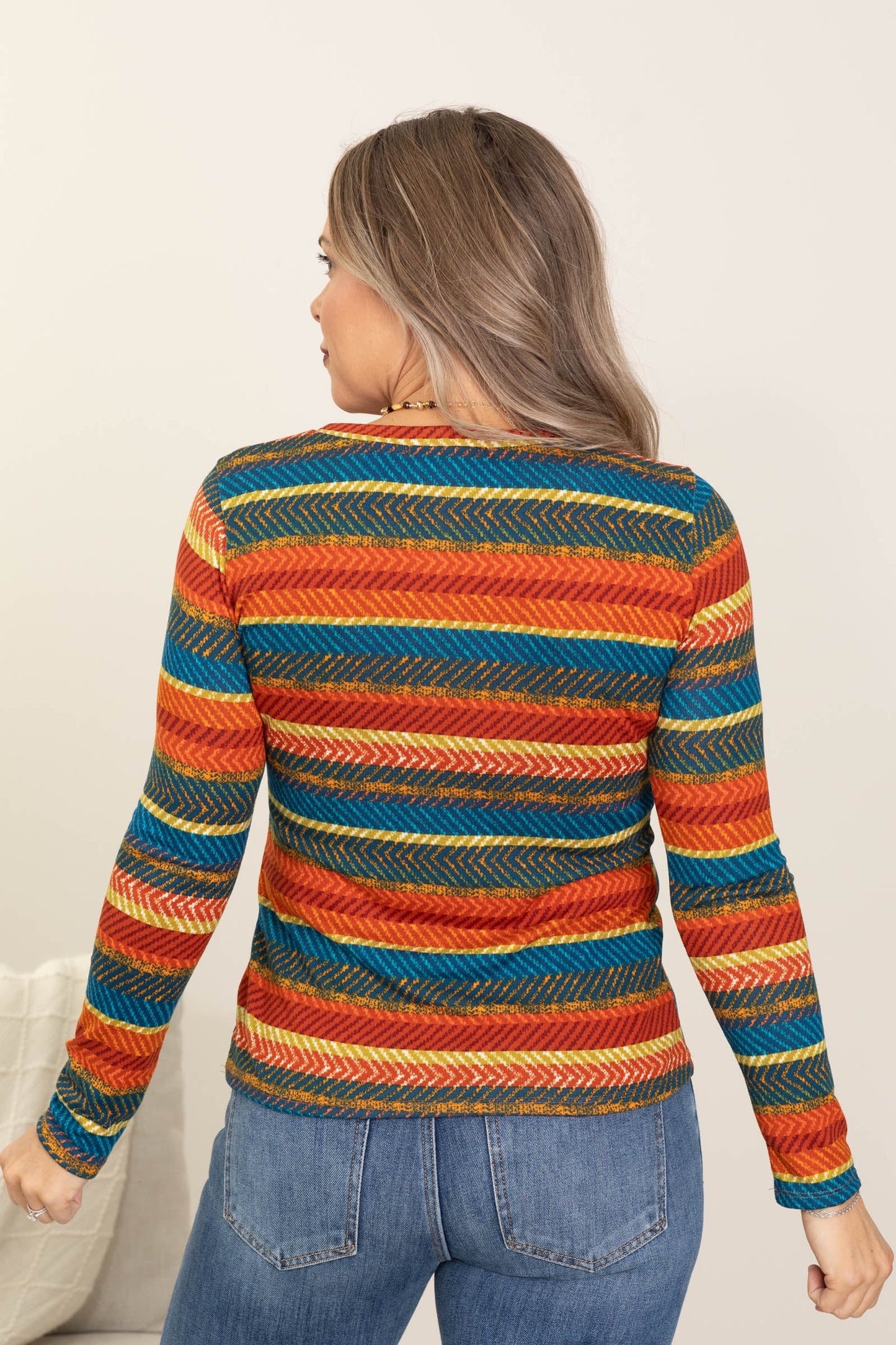 Rust And Teal Fitted Stripe Hacci Knit
