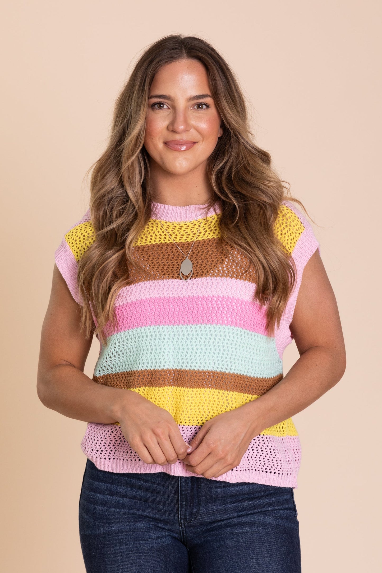 Pink Crochet Multi Stripe Knit Sweater Top