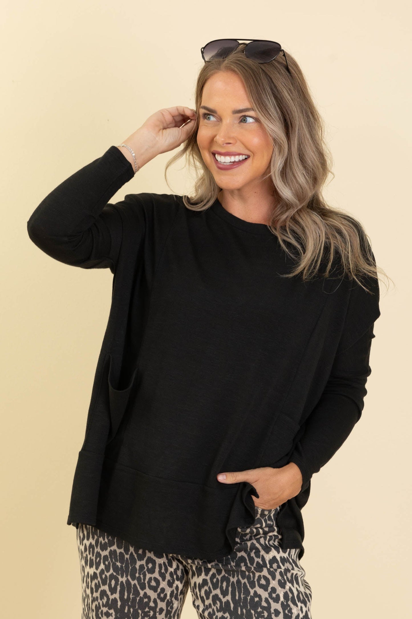 Solid Knit Tops Long Sleeves With Side Pockets