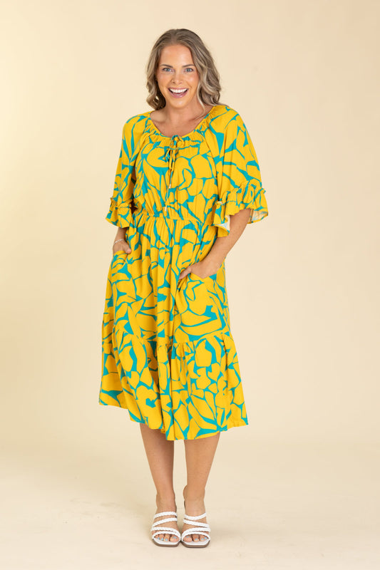 Yellow And Teal Geo Pattern Dress