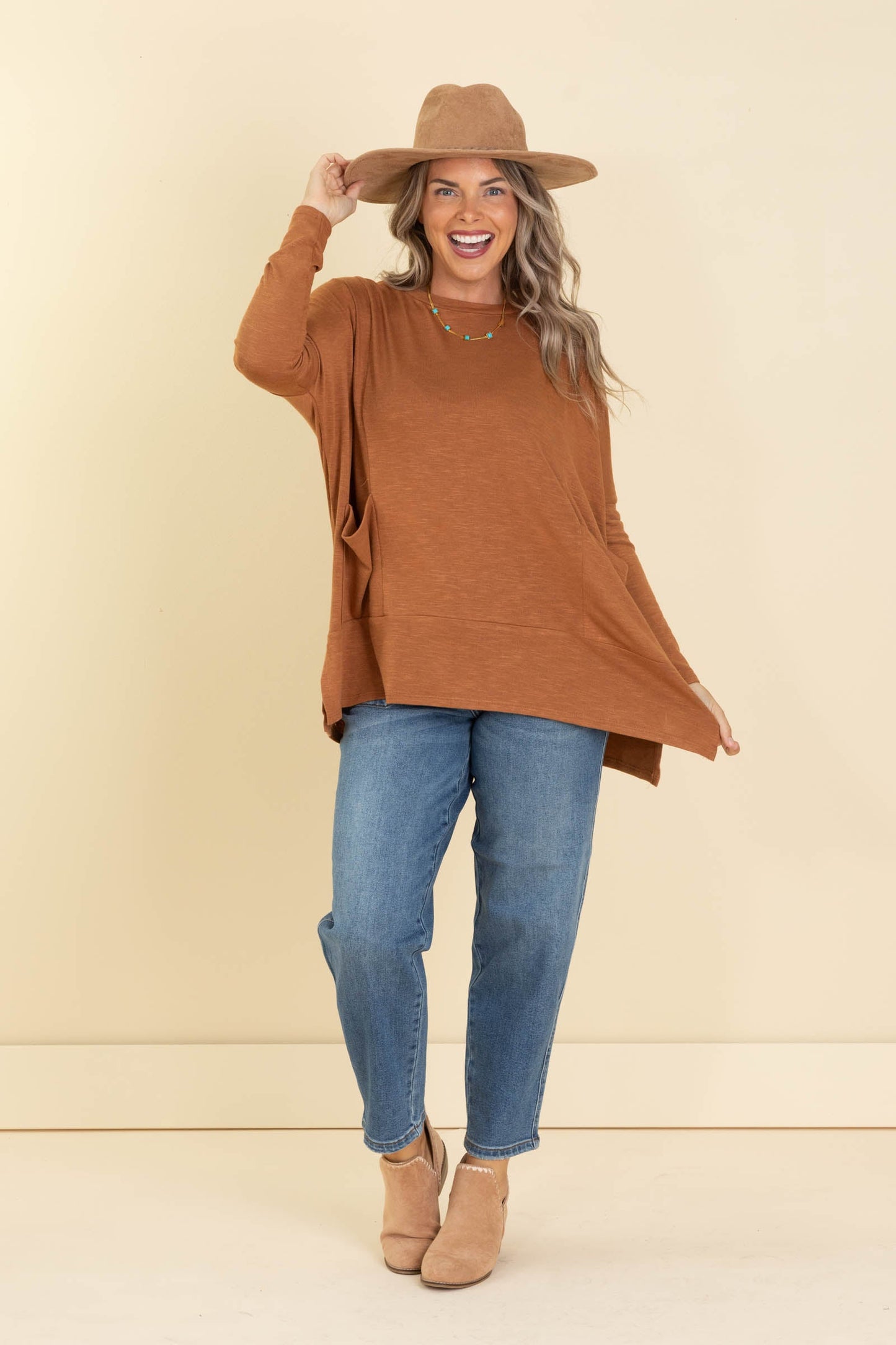 Solid Knit Tops Long Sleeves With Side Pockets