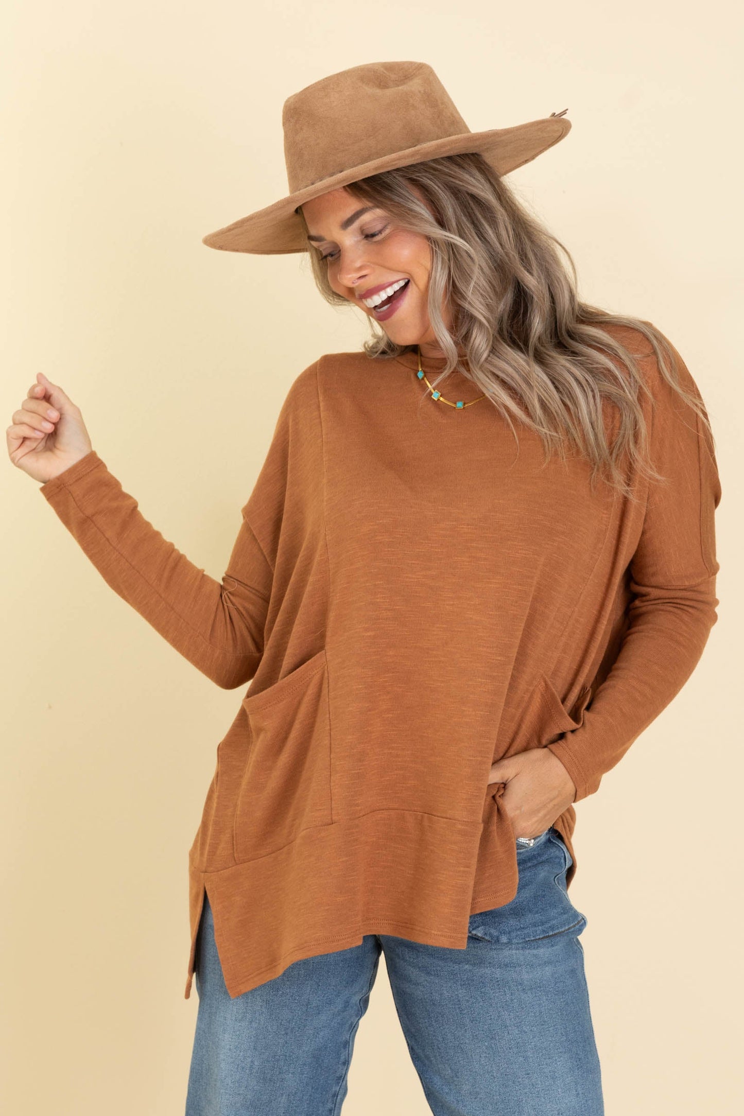 Solid Knit Tops Long Sleeves With Side Pockets