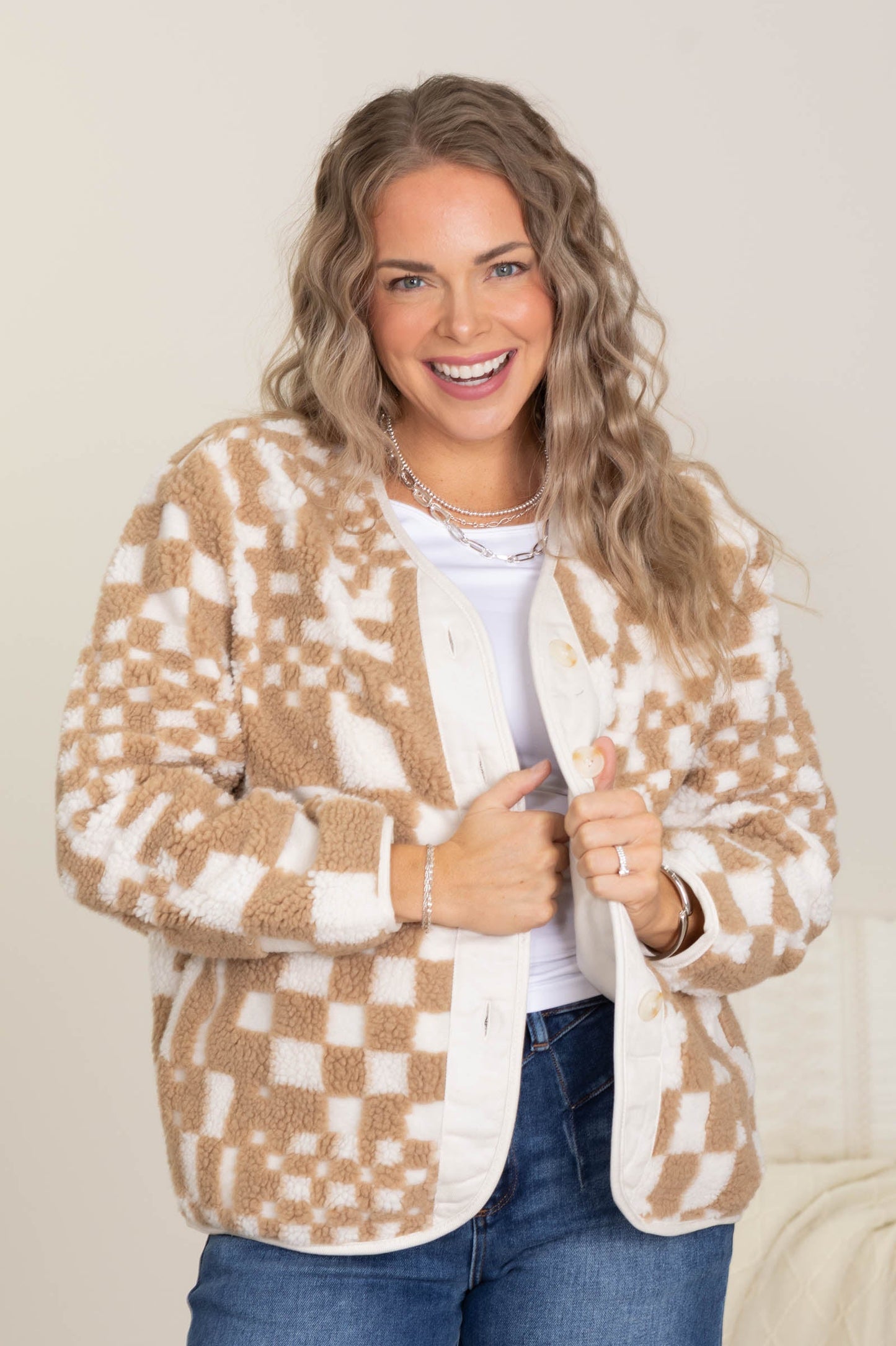 Checkered V-Neck Button Down Fleece Jacket