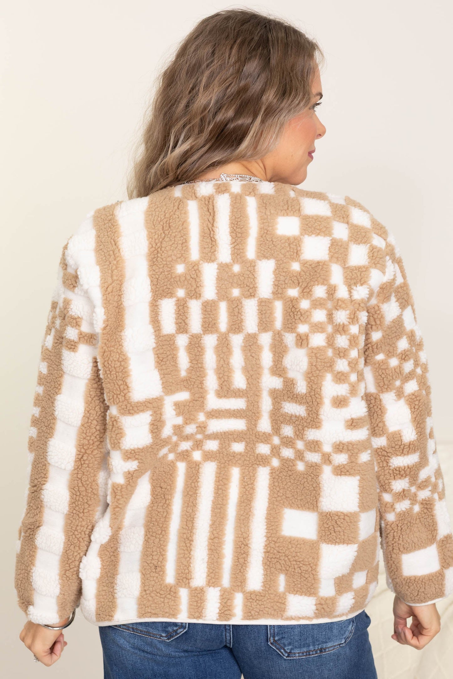 Checkered V-Neck Button Down Fleece Jacket