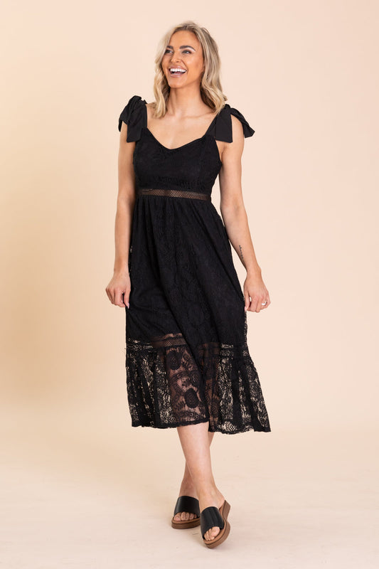 Black Lace Tie Strap Sheer Trim Midi Dress
