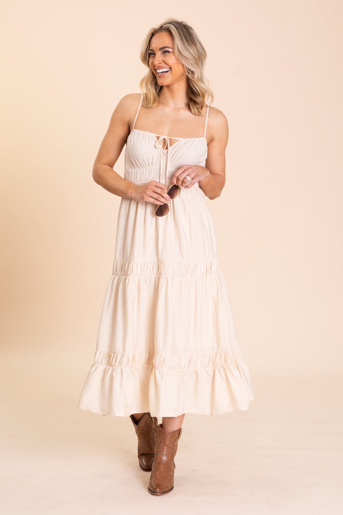 Beige Shirred Front Tie Tiered Midi Dress