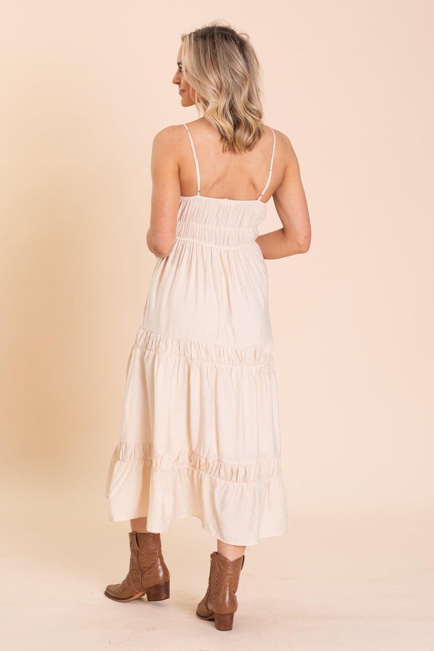 Beige Shirred Front Tie Tiered Midi Dress