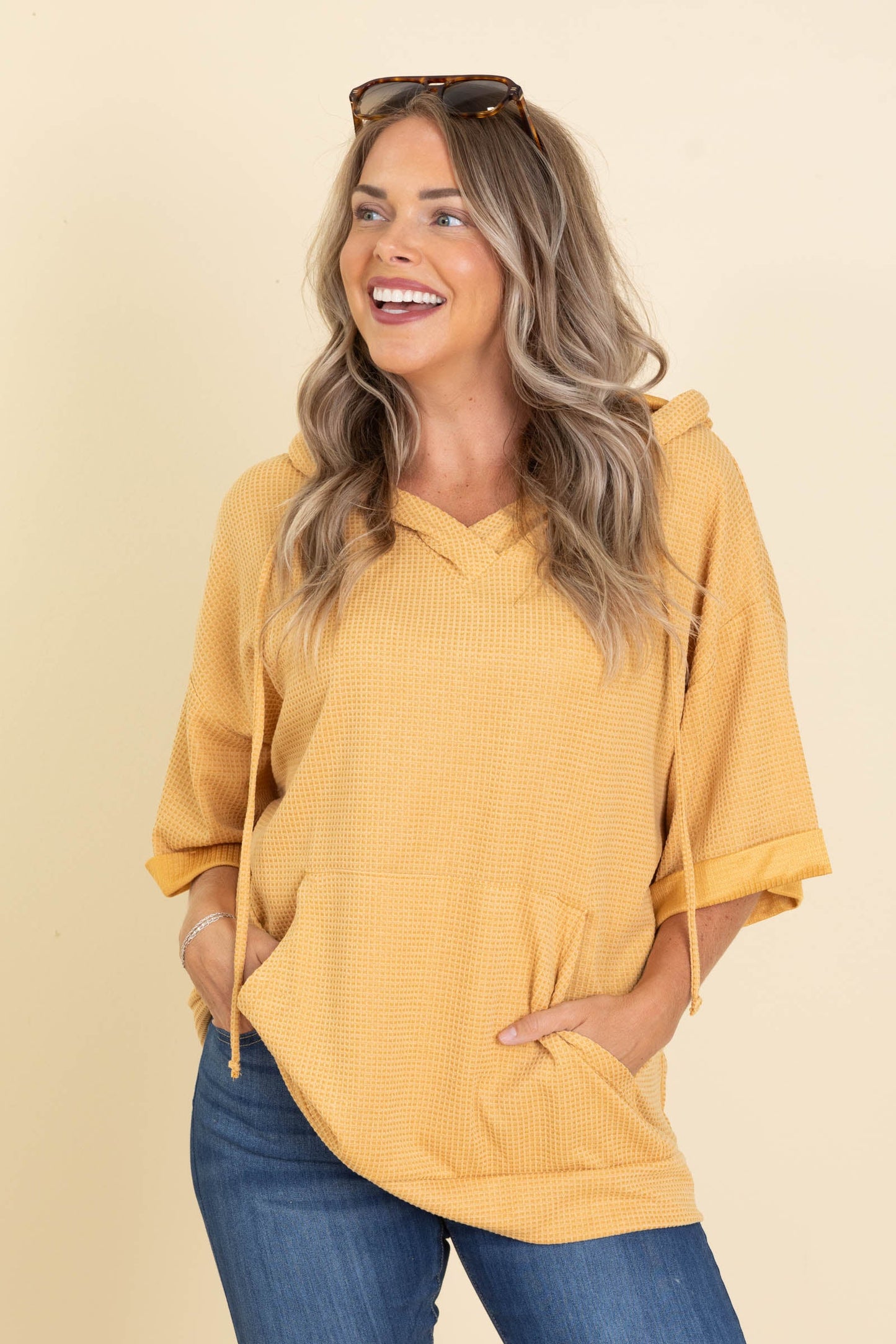 Oversized Waffle Knit Hoodie Tops